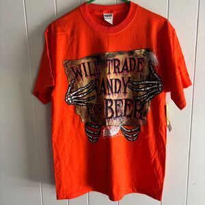 JERZEES Men's M Short Sleeve WILL TRADE CANDY FOR BEER Halloween T Shirt NWT #S